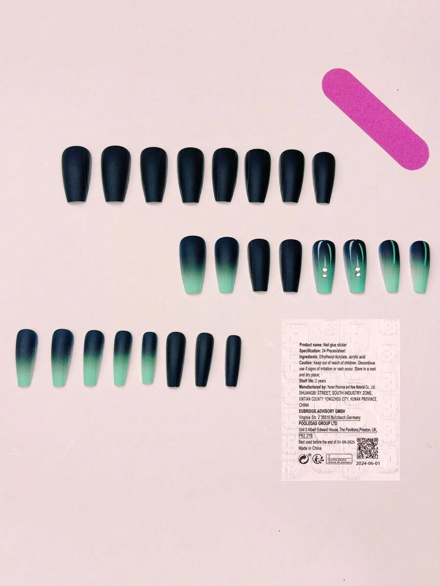 24Pcs Mid-Length Gradient White To Blue Toenail/Fingernail Artificial Nails, Elegant Ombre Design With Rhinestones Press On Nails Nail Supplies Nails