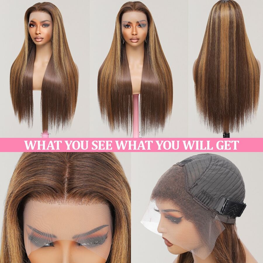 Brazilian Virgin Hair 5x5 HD Seamless Frontal Wig, Human Hair Blend, Pre-Trimmed 200% Density, #4/27 Honey Blonde Ombre Highlight Straight Hair, Glueless Wig For Women, 13x4 13x6 Brazilian Frontal With Baby Hair HD Seamless Lace Frontal