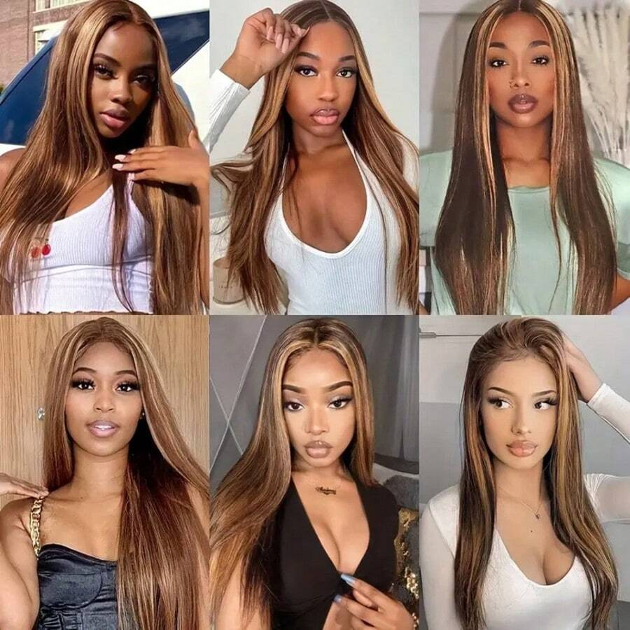 Brazilian Virgin Hair 5x5 HD Seamless Frontal Wig, Human Hair Blend, Pre-Trimmed 200% Density, #4/27 Honey Blonde Ombre Highlight Straight Hair, Glueless Wig For Women, 13x4 13x6 Brazilian Frontal With Baby Hair HD Seamless Lace Frontal