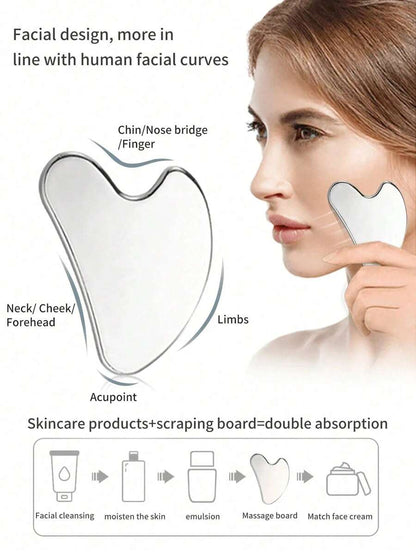 Stainless Steel Heart-Shaped Gua Sha Board Facial Massage Tool, Portable Muscle Relaxation Massage Board, Facial And Body De-Puffing Gua Sha Beauty Tool, Suitable For Face, Body, Eyes, Neck Massage And Facial Care