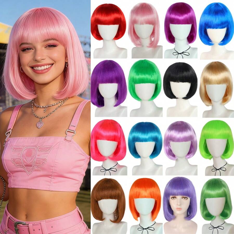 Dopamine Color Bob Wig With Bangs, Bright Neon Colors, Perfect For Cosplay, Festivals, Y2K, K-POP, Daily Wear, Halloween, Stage, Parties. Comfortable, Breathable Cap For All-Day Wear, Photoshoots, Fan Support, Fashion Styling.