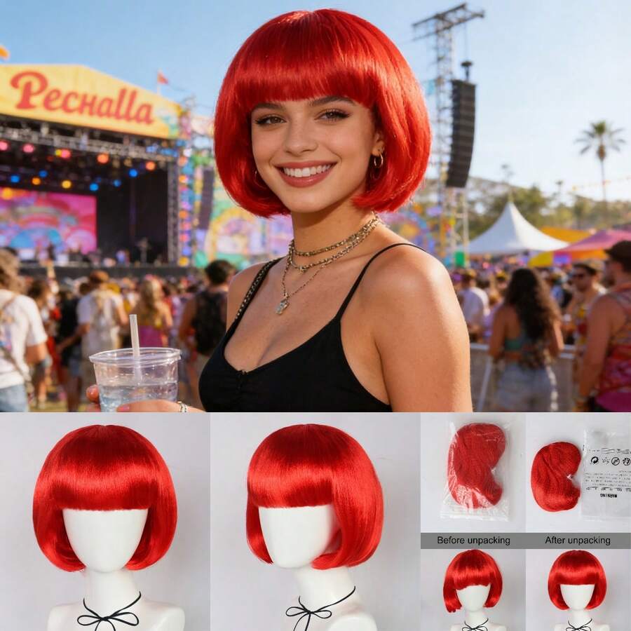 Dopamine Color Bob Wig With Bangs, Bright Neon Colors, Perfect For Cosplay, Festivals, Y2K, K-POP, Daily Wear, Halloween, Stage, Parties. Comfortable, Breathable Cap For All-Day Wear, Photoshoots, Fan Support, Fashion Styling.