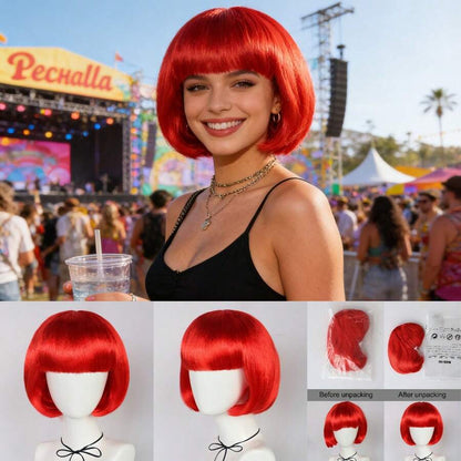 Dopamine Color Bob Wig With Bangs, Bright Neon Colors, Perfect For Cosplay, Festivals, Y2K, K-POP, Daily Wear, Halloween, Stage, Parties. Comfortable, Breathable Cap For All-Day Wear, Photoshoots, Fan Support, Fashion Styling.