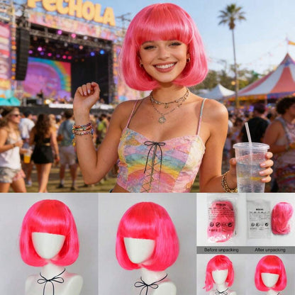 Dopamine Color Bob Wig With Bangs, Bright Neon Colors, Perfect For Cosplay, Festivals, Y2K, K-POP, Daily Wear, Halloween, Stage, Parties. Comfortable, Breathable Cap For All-Day Wear, Photoshoots, Fan Support, Fashion Styling.