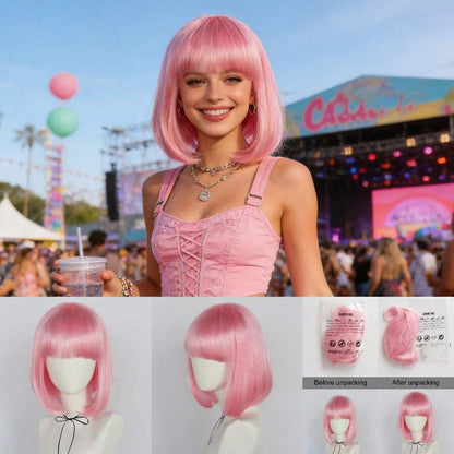 Dopamine Color Bob Wig With Bangs, Bright Neon Colors, Perfect For Cosplay, Festivals, Y2K, K-POP, Daily Wear, Halloween, Stage, Parties. Comfortable, Breathable Cap For All-Day Wear, Photoshoots, Fan Support, Fashion Styling.