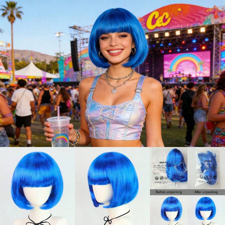 Dopamine Color Bob Wig With Bangs, Bright Neon Colors, Perfect For Cosplay, Festivals, Y2K, K-POP, Daily Wear, Halloween, Stage, Parties. Comfortable, Breathable Cap For All-Day Wear, Photoshoots, Fan Support, Fashion Styling.