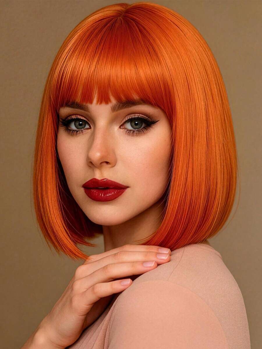12 Inch Orange Fashionable Women's Wig, High Temperature Synthetic Heat Resistant Wig, Natural Styling, Elegant And Versatile, Suitable For Daily, Party, Ball, Music Festival, Carnival And Other Occasions.