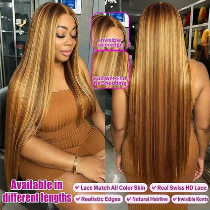 Brazilian Virgin Hair 5x5 HD Seamless Frontal Wig, Human Hair Blend, Pre-Trimmed 200% Density, #4/27 Honey Blonde Ombre Highlight Straight Hair, Glueless Wig For Women, 13x4 13x6 Brazilian Frontal With Baby Hair HD Seamless Lace Frontal