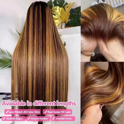 Brazilian Virgin Hair 5x5 HD Seamless Frontal Wig, Human Hair Blend, Pre-Trimmed 200% Density, #4/27 Honey Blonde Ombre Highlight Straight Hair, Glueless Wig For Women, 13x4 13x6 Brazilian Frontal With Baby Hair HD Seamless Lace Frontal
