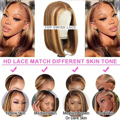 Brazilian Virgin Hair 5x5 HD Seamless Frontal Wig, Human Hair Blend, Pre-Trimmed 200% Density, #4/27 Honey Blonde Ombre Highlight Straight Hair, Glueless Wig For Women, 13x4 13x6 Brazilian Frontal With Baby Hair HD Seamless Lace Frontal