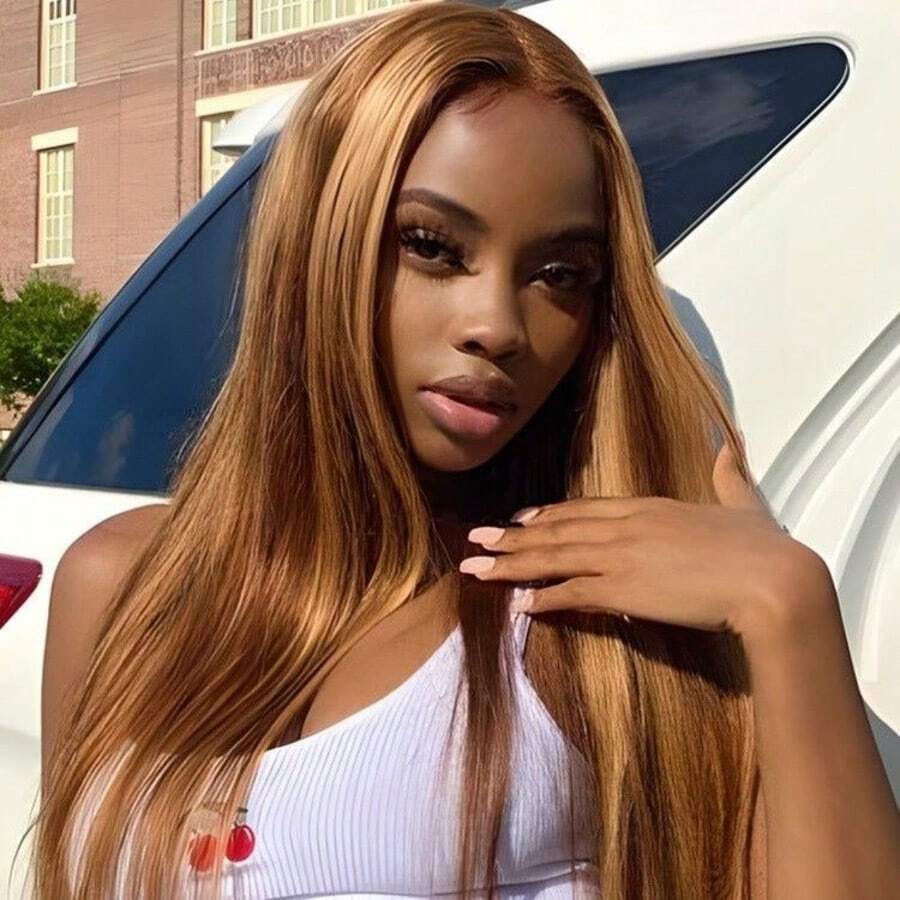 Brazilian Virgin Hair 5x5 HD Seamless Frontal Wig, Human Hair Blend, Pre-Trimmed 200% Density, #4/27 Honey Blonde Ombre Highlight Straight Hair, Glueless Wig For Women, 13x4 13x6 Brazilian Frontal With Baby Hair HD Seamless Lace Frontal