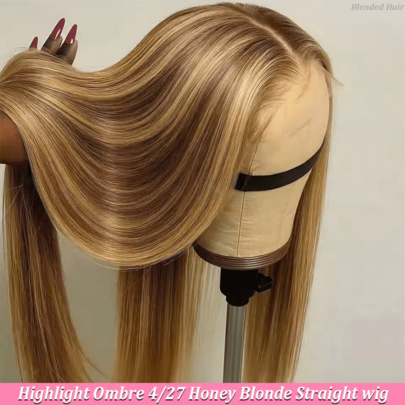 Brazilian Virgin Hair 5x5 HD Seamless Frontal Wig, Human Hair Blend, Pre-Trimmed 200% Density, #4/27 Honey Blonde Ombre Highlight Straight Hair, Glueless Wig For Women, 13x4 13x6 Brazilian Frontal With Baby Hair HD Seamless Lace Frontal