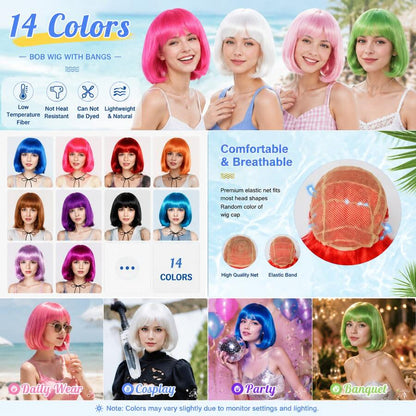 Dopamine Color Bob Wig With Bangs, Bright Neon Colors, Perfect For Cosplay, Festivals, Y2K, K-POP, Daily Wear, Halloween, Stage, Parties. Comfortable, Breathable Cap For All-Day Wear, Photoshoots, Fan Support, Fashion Styling.