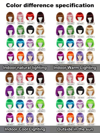 Dopamine Color Bob Wig With Bangs, Bright Neon Colors, Perfect For Cosplay, Festivals, Y2K, K-POP, Daily Wear, Halloween, Stage, Parties. Comfortable, Breathable Cap For All-Day Wear, Photoshoots, Fan Support, Fashion Styling.