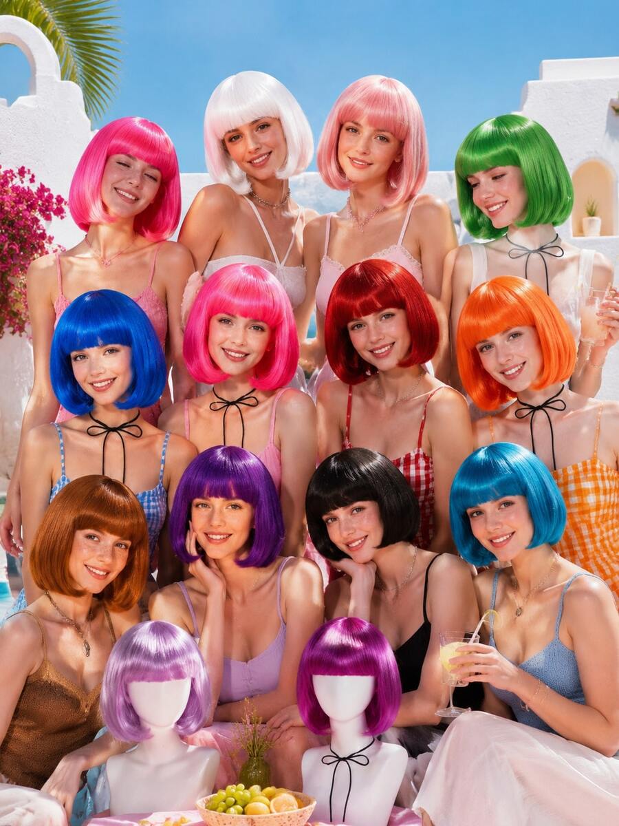 Dopamine Color Bob Wig With Bangs, Bright Neon Colors, Perfect For Cosplay, Festivals, Y2K, K-POP, Daily Wear, Halloween, Stage, Parties. Comfortable, Breathable Cap For All-Day Wear, Photoshoots, Fan Support, Fashion Styling.