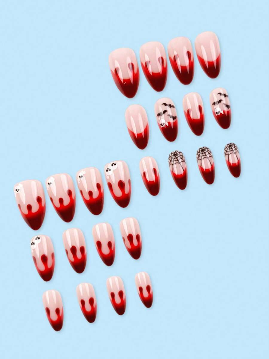 24PCS Halloween Almond Short Press-On Nails, Glow-In-The-Dark Pumpkin & Spider Design, Includes Nail File And Jelly Glue, Suitable For Women And Girls For Vacation, Holiday, Party, DY2449 Blood Red Eerie