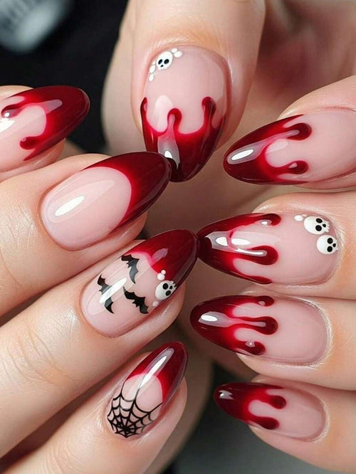 24PCS Halloween Almond Short Press-On Nails, Glow-In-The-Dark Pumpkin & Spider Design, Includes Nail File And Jelly Glue, Suitable For Women And Girls For Vacation, Holiday, Party, DY2449 Blood Red Eerie