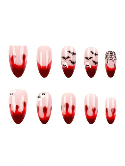 24PCS Halloween Almond Short Press-On Nails, Glow-In-The-Dark Pumpkin & Spider Design, Includes Nail File And Jelly Glue, Suitable For Women And Girls For Vacation, Holiday, Party, DY2449 Blood Red Eerie
