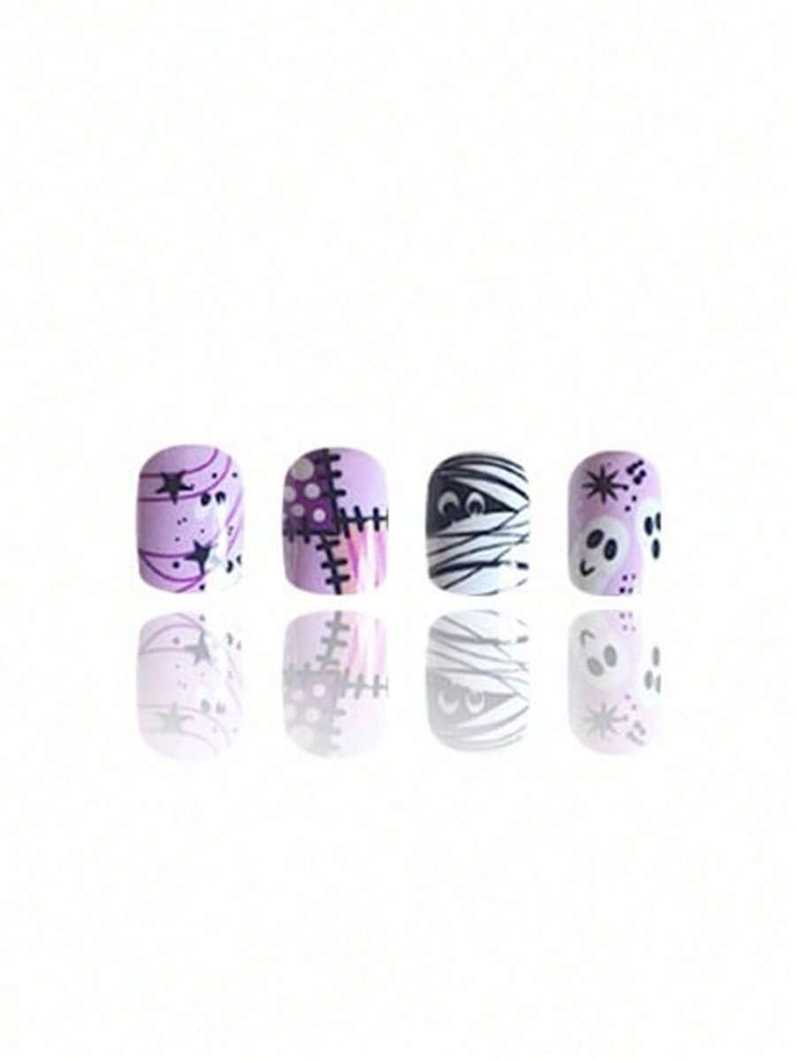 24pcs Short European Square Fake Nails, Halloween Patch Mummy Ghost Wearable Nail Art, Full Coverage Removable Women's Nail Set, Suitable For Parties, Balls And Daily Wear