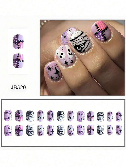 24pcs Short European Square Fake Nails, Halloween Patch Mummy Ghost Wearable Nail Art, Full Coverage Removable Women's Nail Set, Suitable For Parties, Balls And Daily Wear
