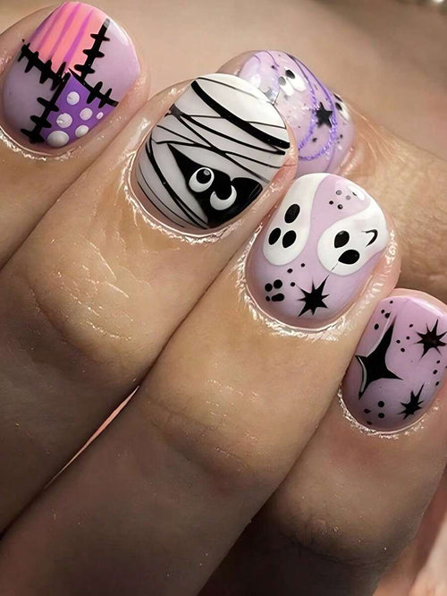 24pcs Short European Square Fake Nails, Halloween Patch Mummy Ghost Wearable Nail Art, Full Coverage Removable Women's Nail Set, Suitable For Parties, Balls And Daily Wear