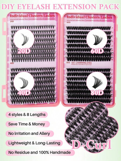 640pcs Mixed DIY Eyelash Extension Kit, High Capacity Individual Lashes, 9-16mm Mixed D-Curl Effect, Natural Lightweight, Soft & Comfortable, Long-Lasting. Kit Includes Lash Glue, Tweezers And Lash Brush. Eyelash Cluster Set, Eyelashes, False Lashes