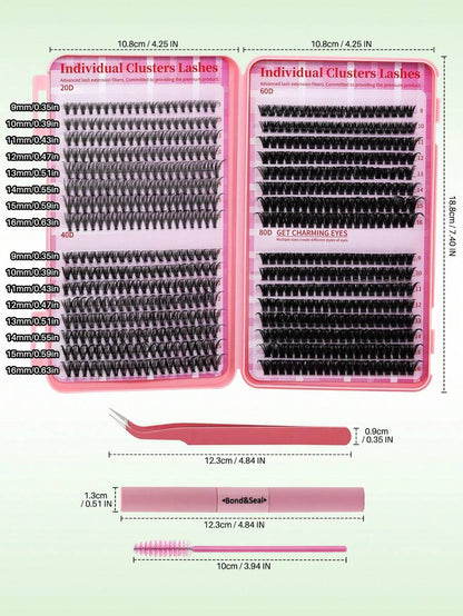 640pcs Mixed DIY Eyelash Extension Kit, High Capacity Individual Lashes, 9-16mm Mixed D-Curl Effect, Natural Lightweight, Soft & Comfortable, Long-Lasting. Kit Includes Lash Glue, Tweezers And Lash Brush. Eyelash Cluster Set, Eyelashes, False Lashes