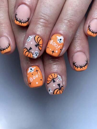 24pcs Short European Square Fake Nails, Halloween Patch Mummy Ghost Wearable Nail Art, Full Coverage Removable Women's Nail Set, Suitable For Parties, Balls And Daily Wear