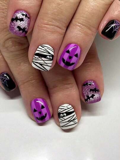 24pcs Short European Square Fake Nails, Halloween Patch Mummy Ghost Wearable Nail Art, Full Coverage Removable Women's Nail Set, Suitable For Parties, Balls And Daily Wear